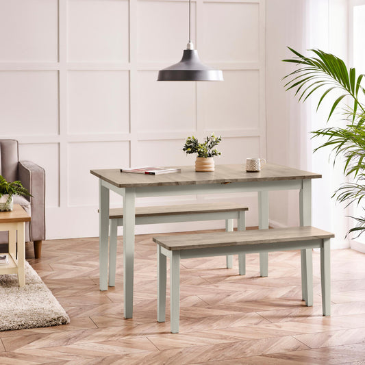 Salcombe Extending Light Grey Wooden Table & 2 Tenby Benches