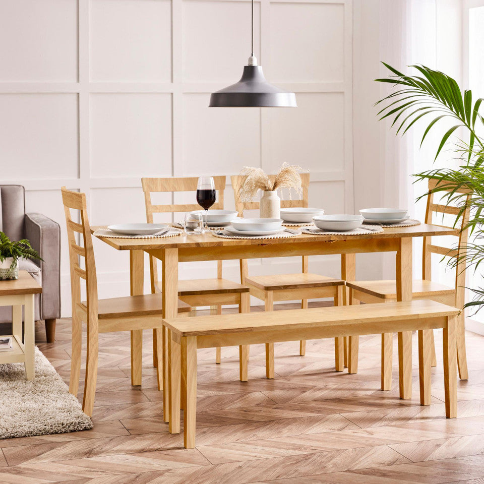 Salcombe Extending Oak Effect Wooden Table with 4 Whitby Chairs & 1 Large Bench