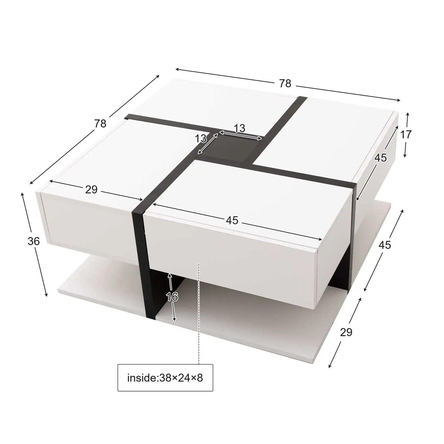 Modern Coffee Table with 4 Drawers – Unique Color Matching & Line Design | 78×78×36cm Storage Center Table