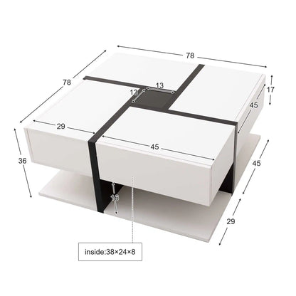 Modern Coffee Table with 4 Drawers – Unique Color Matching & Line Design | 78×78×36cm Storage Center Table