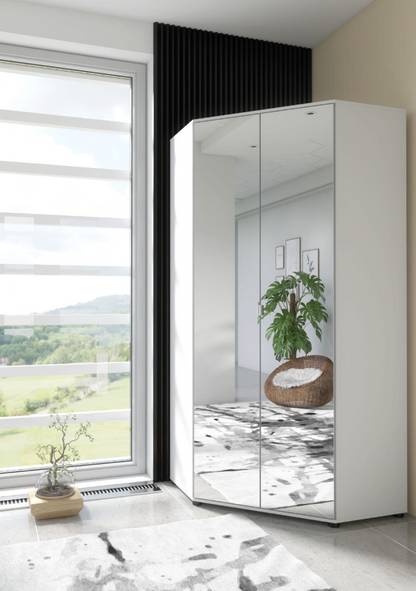 Santino Full Mirrored and White 2 Door Corner Wardrobe