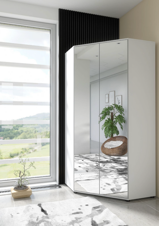Santino Full Mirrored and White 2 Door Corner Wardrobe