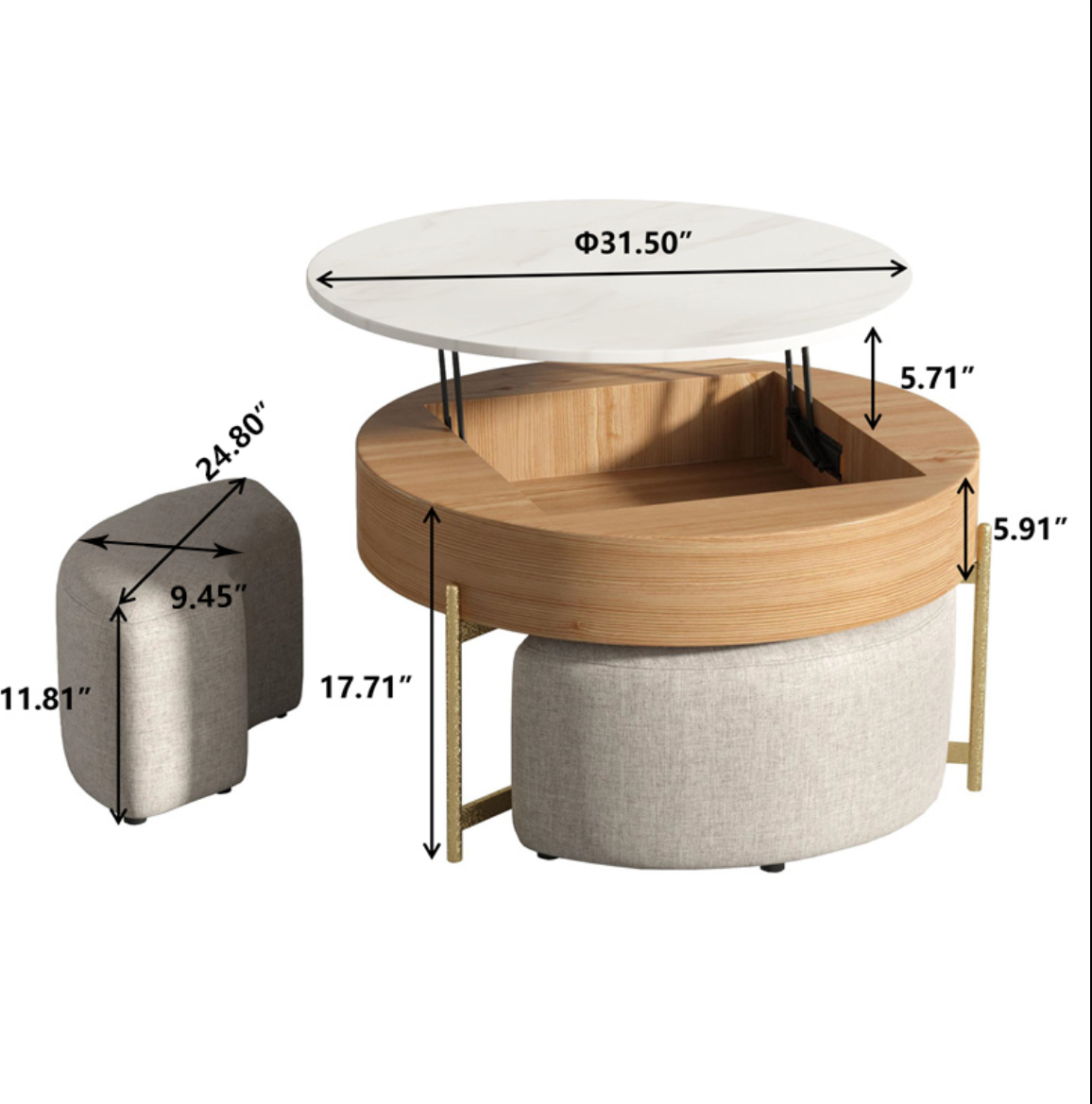 Round Marble Top Coffee Table with Ottoman & Lift-Up Storage