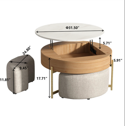 Round Marble Top Coffee Table with Ottoman & Lift-Up Storage