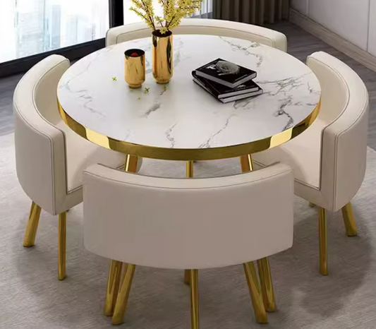 Luxury Round Top Dining Table Set with Metal Chairs MDF Wood for Living Room Restaurant Bar Office 1 Table 4 Chairs