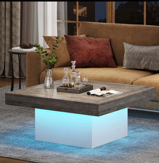 90×90×45 cm | Square LED Coffee Table – Grey & White Wood Center Table with Lights