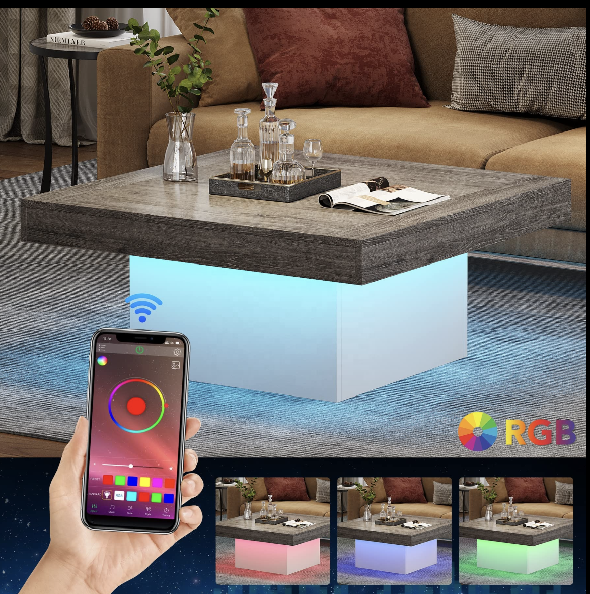 90×90×45 cm | Square LED Coffee Table – Grey & White Wood Center Table with Lights