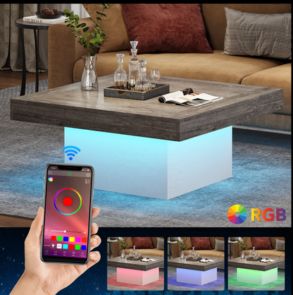 90×90×45 cm | Square LED Coffee Table – Grey & White Wood Center Table with Lights