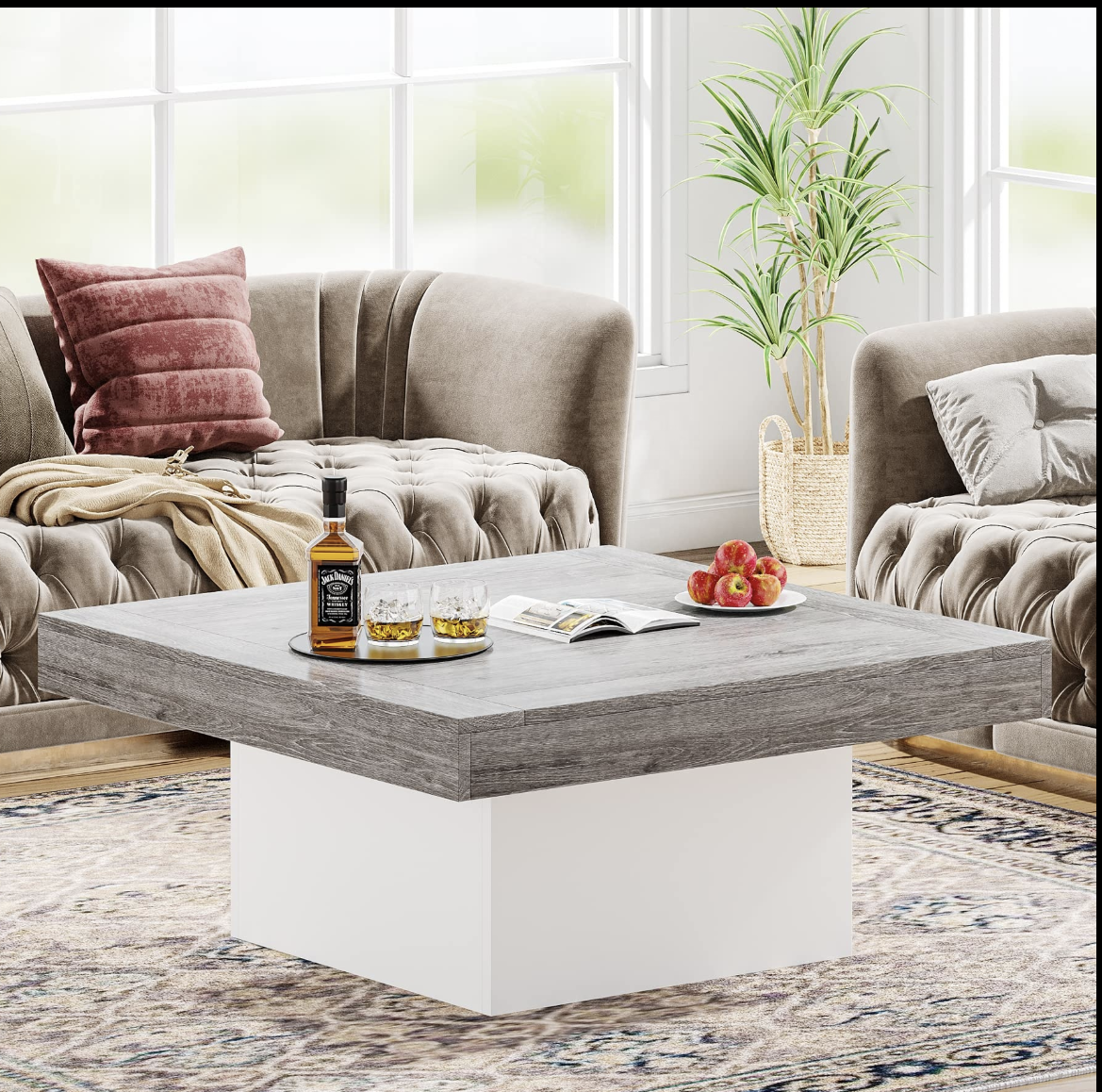 90×90×45 cm | Square LED Coffee Table – Grey & White Wood Center Table with Lights