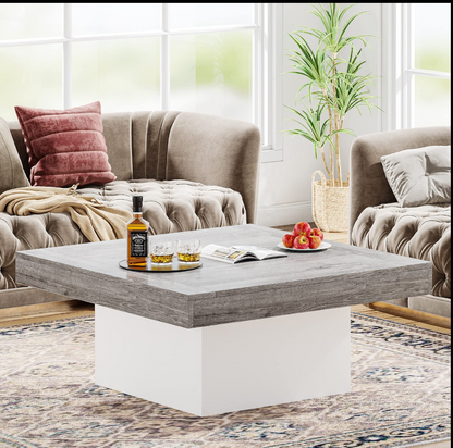 90×90×45 cm | Square LED Coffee Table – Grey & White Wood Center Table with Lights