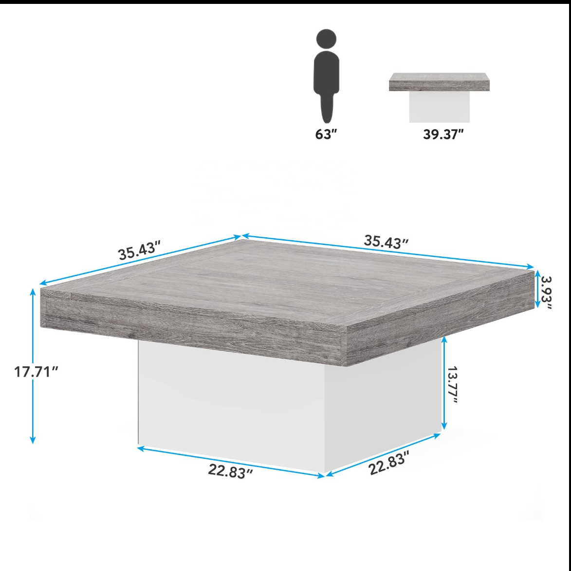 90×90×45 cm | Square LED Coffee Table – Grey & White Wood Center Table with Lights