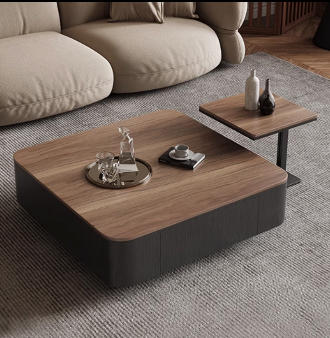 90×90×35 cm | Retro Black Walnut Square Coffee Table – Designer Veneer Storage Table for Living Room & Small Spaces