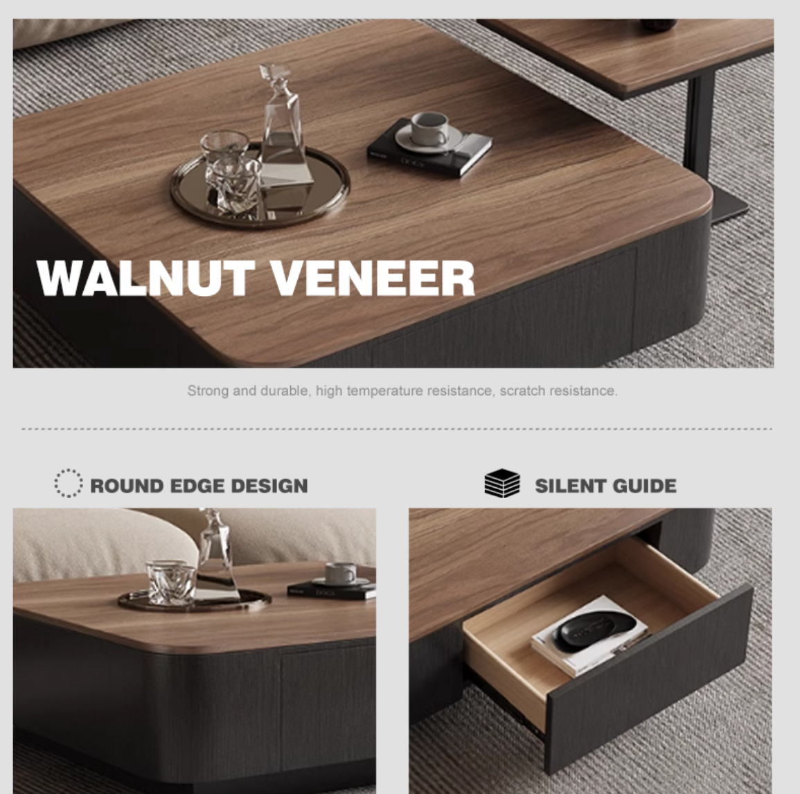 90×90×35 cm | Retro Black Walnut Square Coffee Table – Designer Veneer Storage Table for Living Room & Small Spaces
