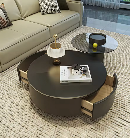 Nordic Round Coffee Table – Minimalist Living Room Decor with  2 Drawers