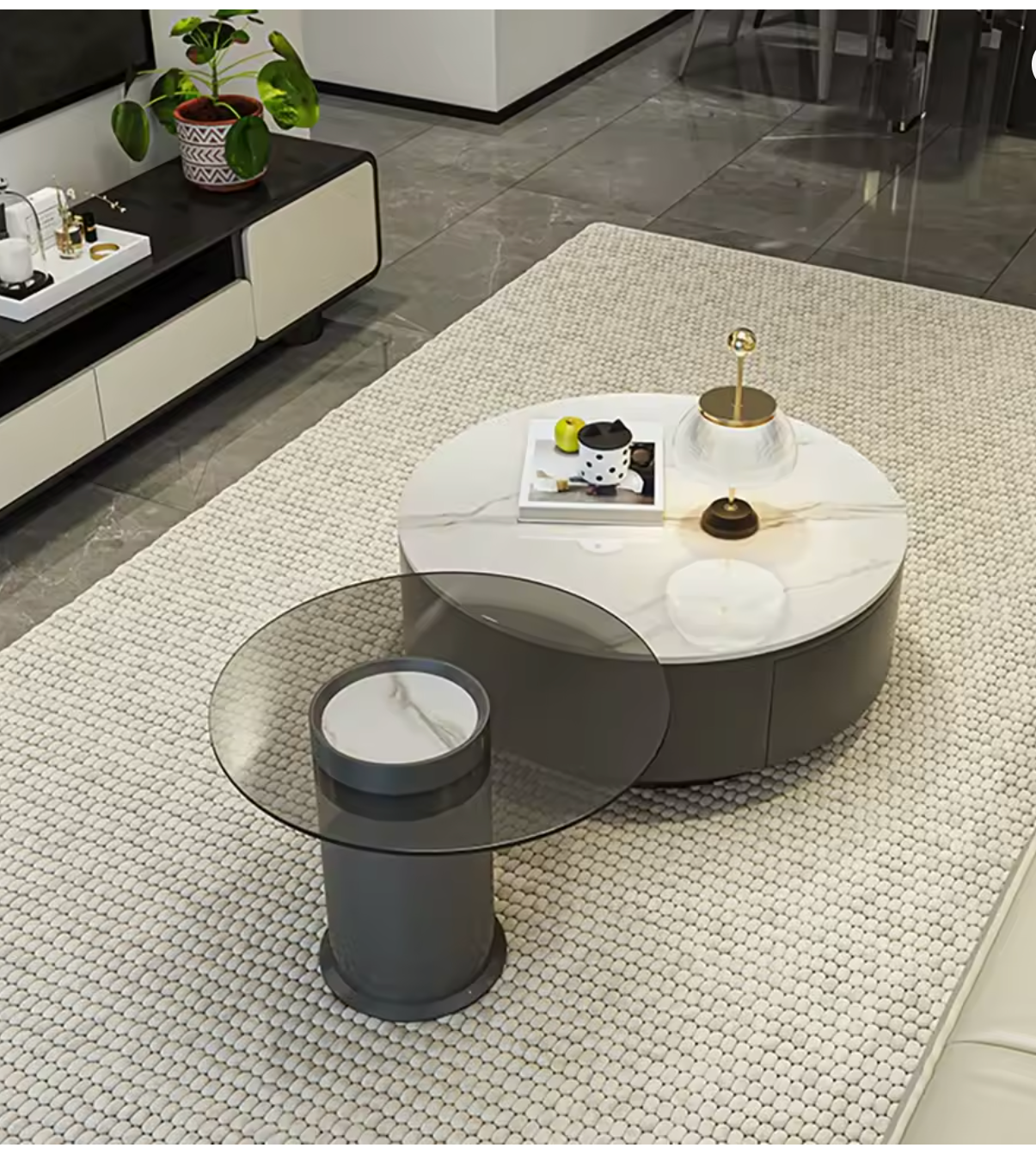 Nordic Round Coffee Table – Minimalist Living Room Decor with  2 Drawers