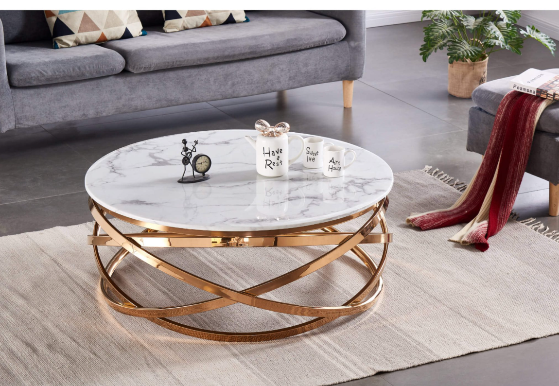 Nabraska Round Marble Coffee Table with Gold Metal Frame – Modern Living Room Furniture
