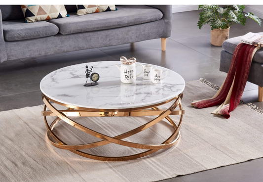 Nabraska Round Marble Coffee Table with Gold Metal Frame – Modern Living Room Furniture