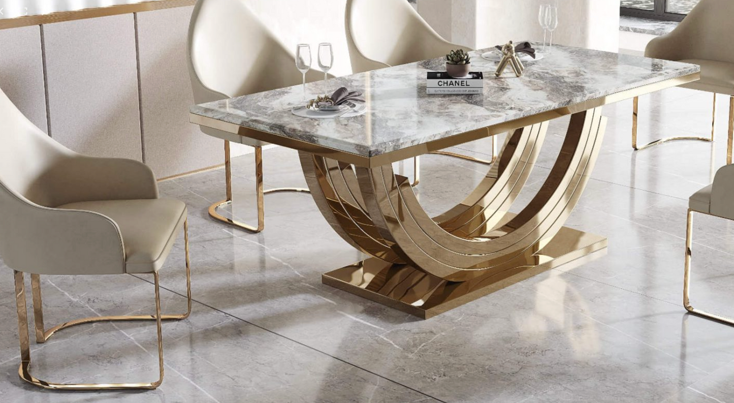 Midas Marble Dining Table – Natural Stone with Gold Stainless Steel Base, 2000W