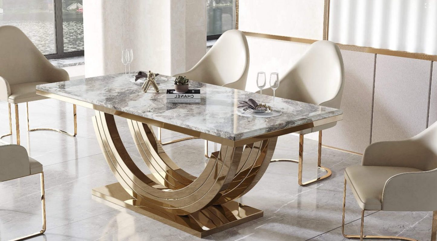 Midas Marble Dining Table – Natural Stone with Gold Stainless Steel Base, 2000W