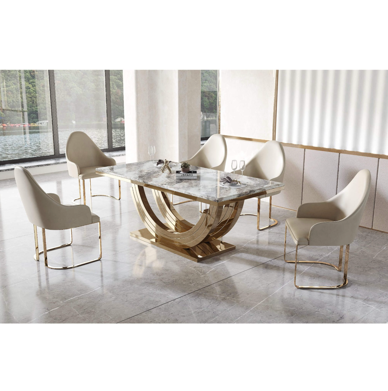Midas Marble Dining Table – Natural Stone with Gold Stainless Steel Base, 2000W