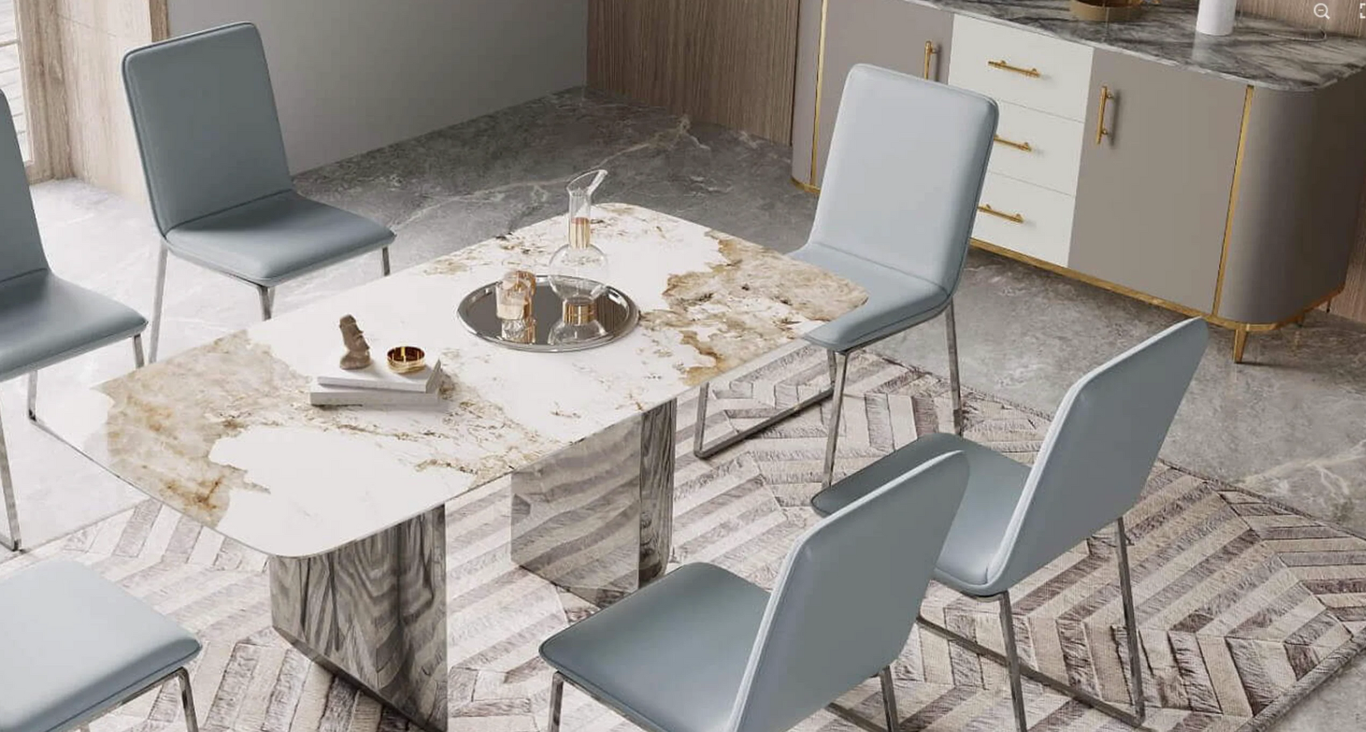 Modern dining room with marble table and chairs in a stylish interior setting.