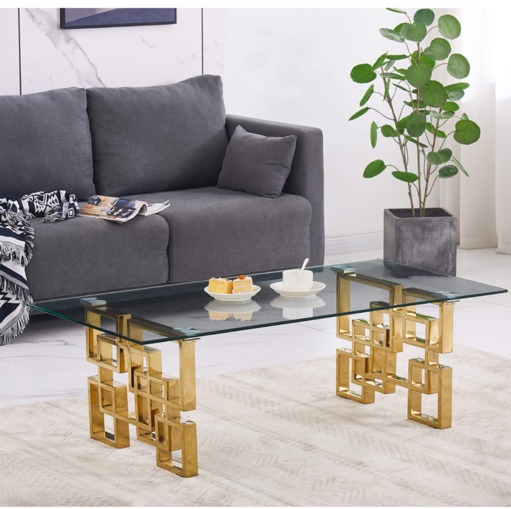 Spectra Coffee Table – Clear Glass Top with Elegant Gold Legs | Modern Living Room Furniture