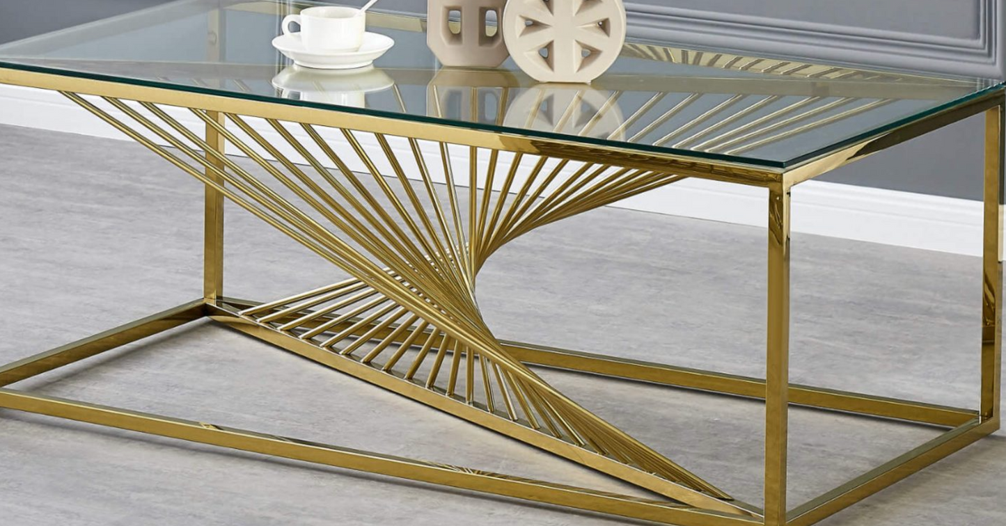Vista Clear Glass Coffee Table with Gold Stainless Steel Base – 1000W x 500D x 450H mm |