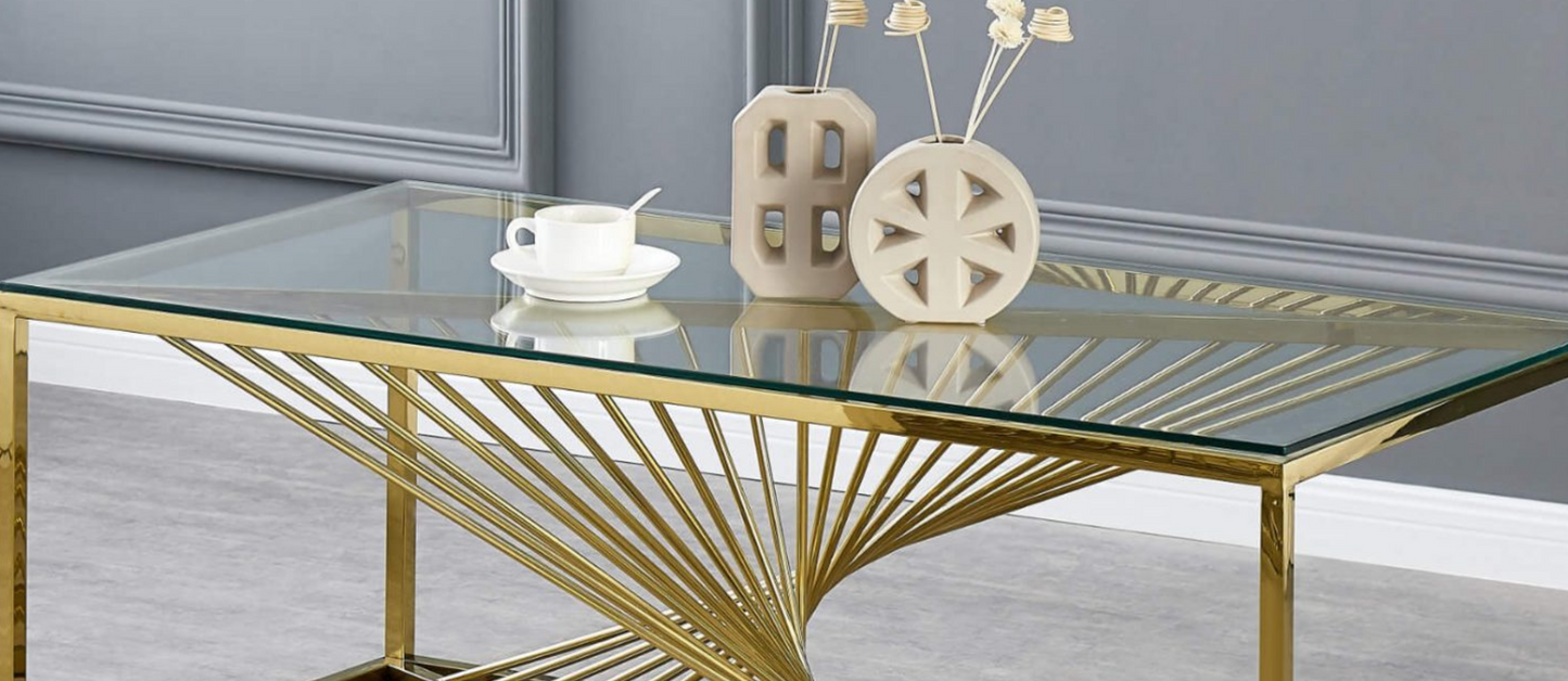 Vista Clear Glass Coffee Table with Gold Stainless Steel Base – 1000W x 500D x 450H mm |