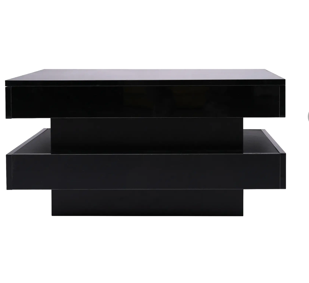 JTM Stylish High Gloss Coffee Table with Rotating Top, 16-Colour LED Light, Rectangular Occasional Table with Lift Top, 70x70x36 cm, Black