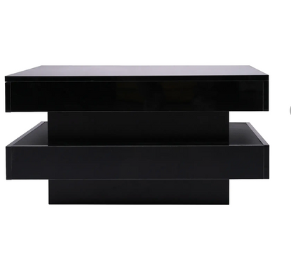JTM Stylish High Gloss Coffee Table with Rotating Top, 16-Colour LED Light, Rectangular Occasional Table with Lift Top, 70x70x36 cm, Black