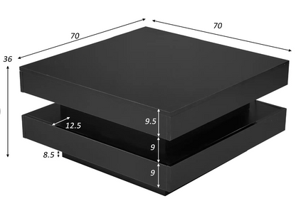JTM Stylish High Gloss Coffee Table with Rotating Top, 16-Colour LED Light, Rectangular Occasional Table with Lift Top, 70x70x36 cm, Black
