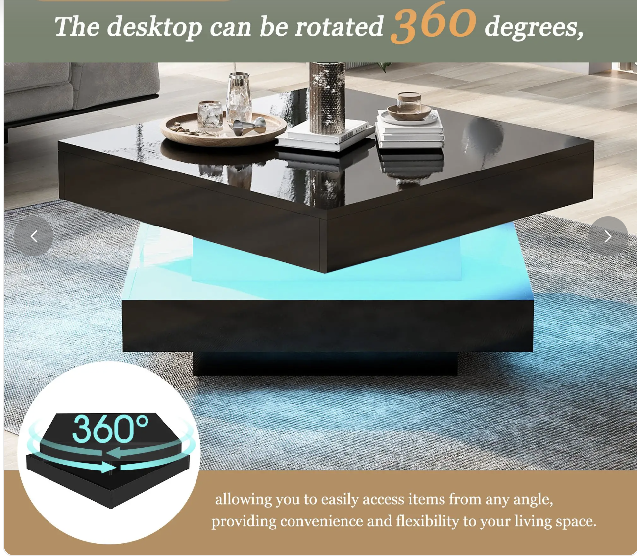 JTM Stylish High Gloss Coffee Table with Rotating Top, 16-Colour LED Light, Rectangular Occasional Table with Lift Top, 70x70x36 cm, Black