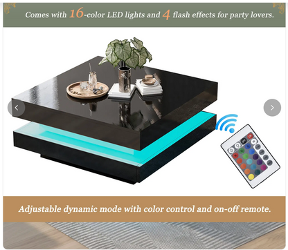 JTM Stylish High Gloss Coffee Table with Rotating Top, 16-Colour LED Light, Rectangular Occasional Table with Lift Top, 70x70x36 cm, Black
