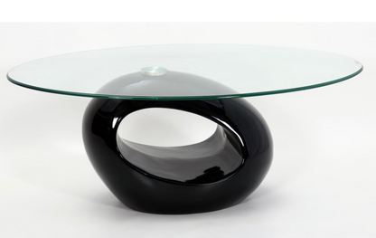 Dale Coffee Table – Black High Gloss Oval Base with Clear Glass Top