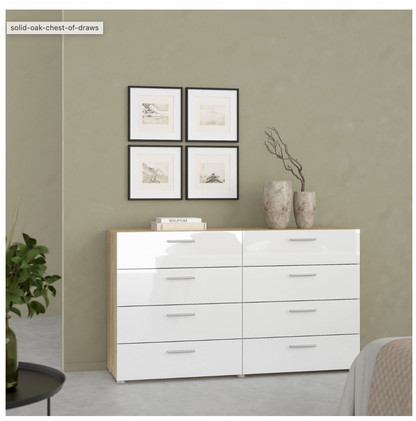 Pepe 8 Drawer Oak Double Dresser – White High Gloss Bedroom Storage