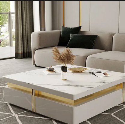 Luxury White and Gold Marble Effect Coffee Table With Storage