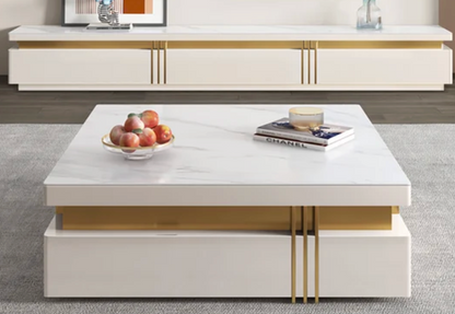 Luxury White and Gold Marble Effect Coffee Table With Storage