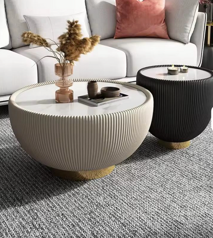 Scandinavian Style Round Coffee Table with Ceramic Surface and Leather Finish