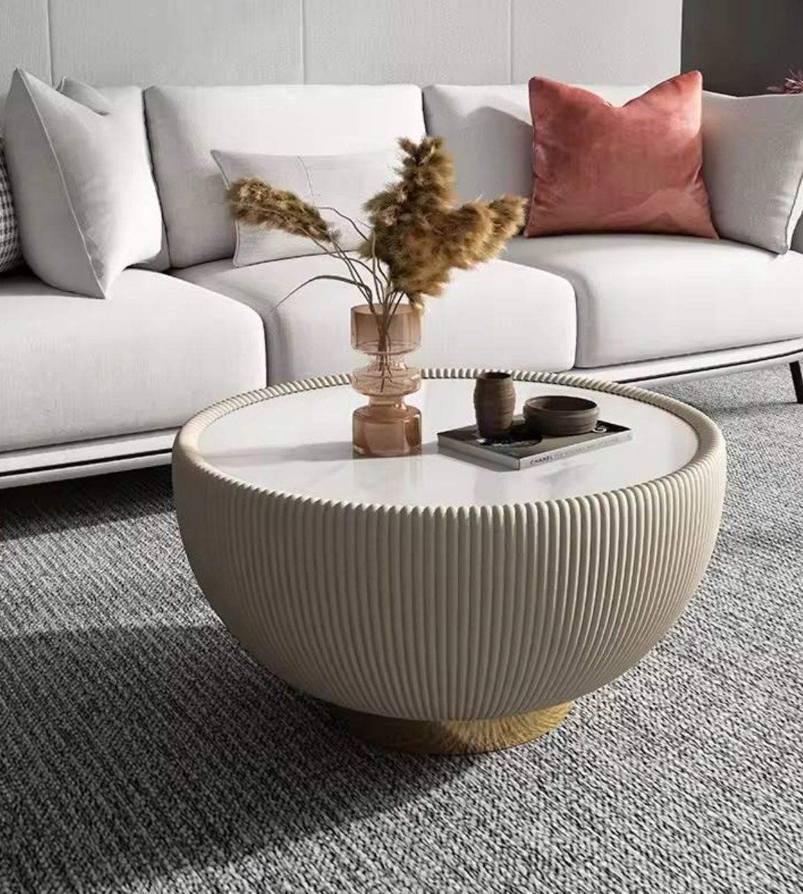 Scandinavian Style Round Coffee Table with Ceramic Surface and Leather Finish