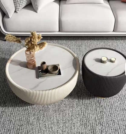 Scandinavian Style Round Coffee Table with Ceramic Surface and Leather Finish