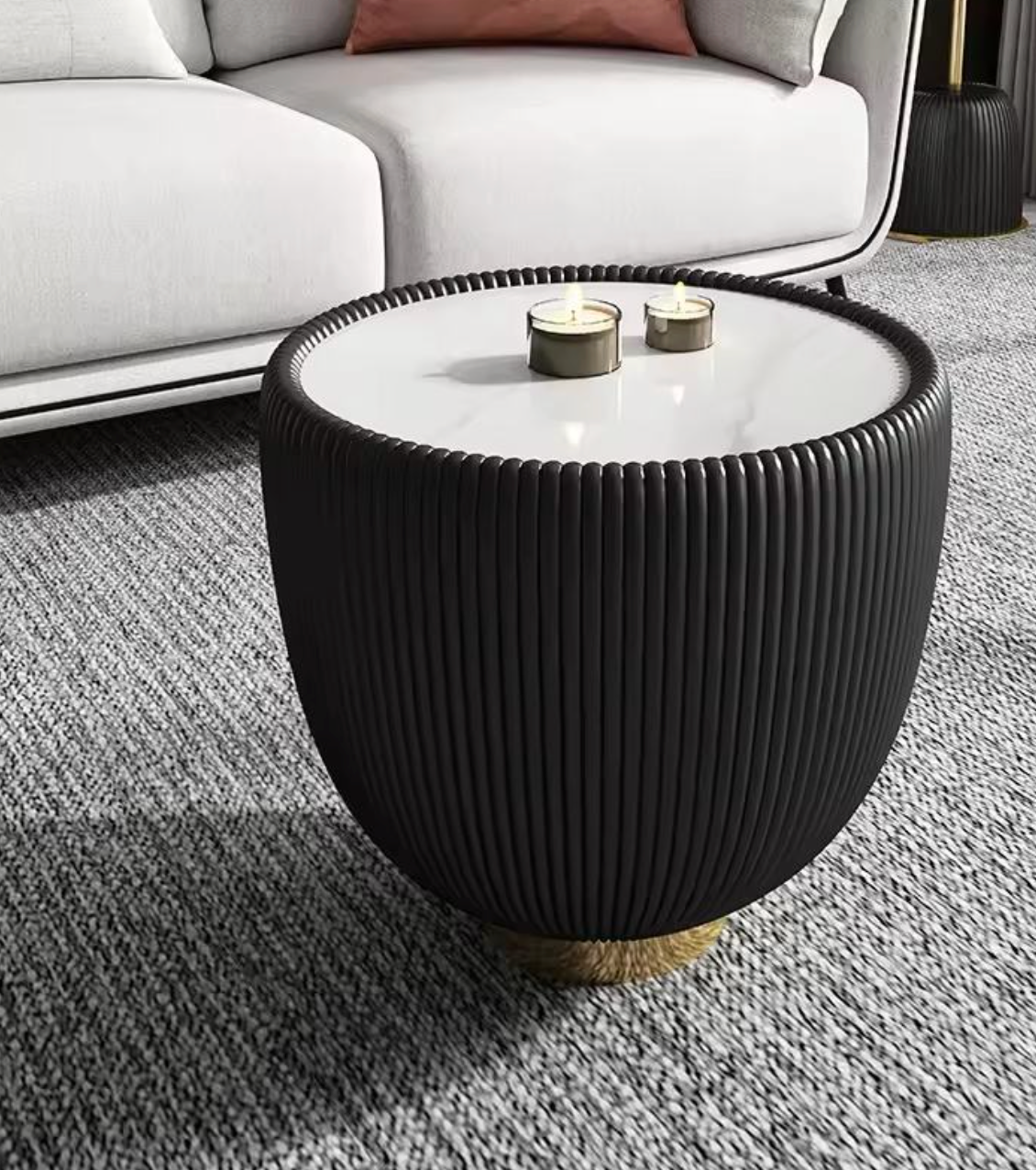 Scandinavian Style Round Coffee Table with Ceramic Surface and Leather Finish