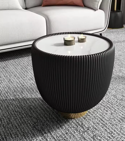 Scandinavian Style Round Coffee Table with Ceramic Surface and Leather Finish