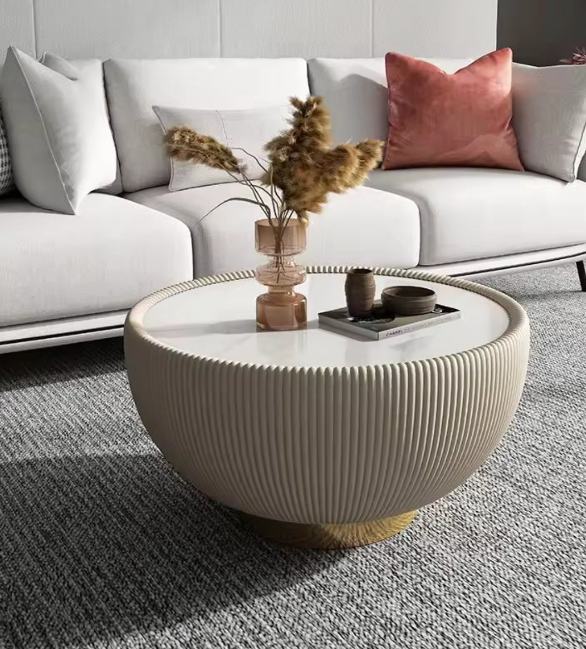 Scandinavian Style Round Coffee Table with Ceramic Surface and Leather Finish