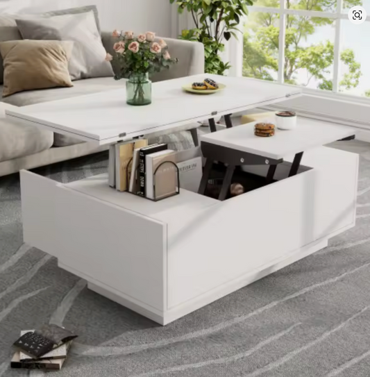 White Lift-Top Coffee Table with Hidden Storage – 2 Doors & Dual Lifting Platforms Center Table
