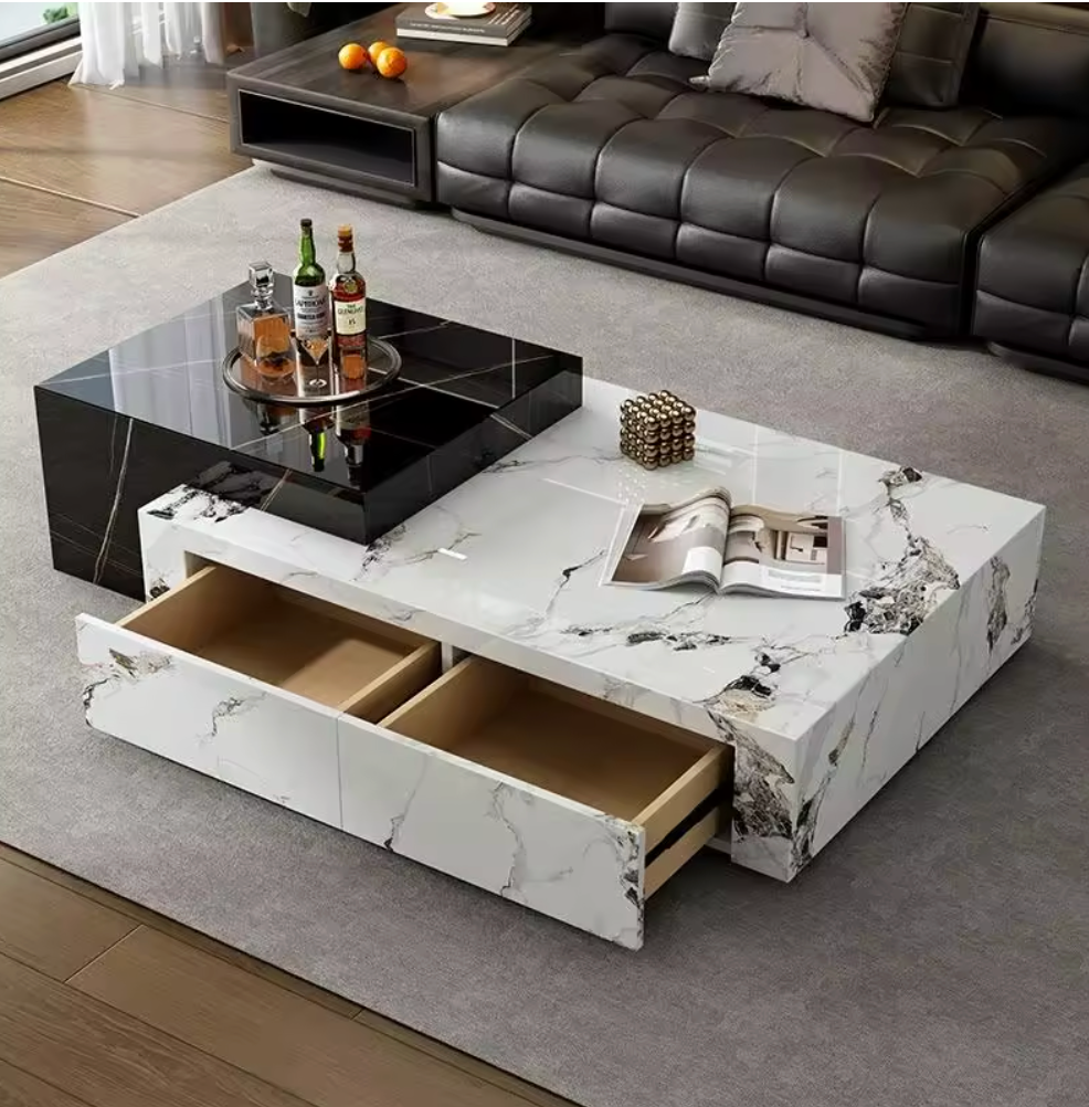 Luxury Marble Coffee Table with Storage – Modern Wooden Base Living Roomm Table