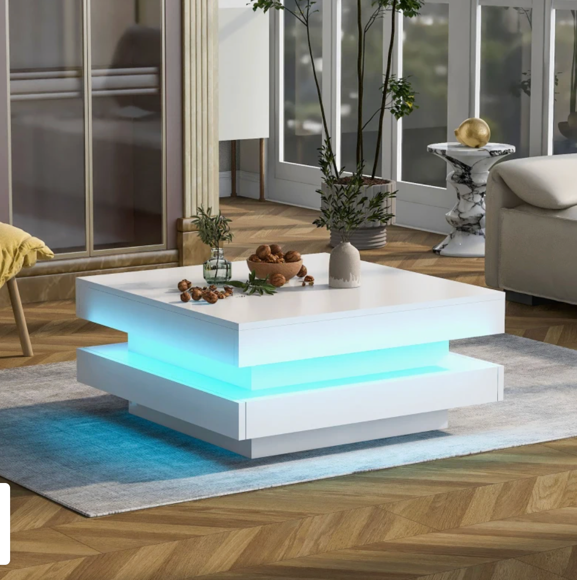 High Gloss White Round Coffee Table | Rotating Top & LED Lighting