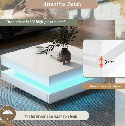 High Gloss White Round Coffee Table | Rotating Top & LED Lighting