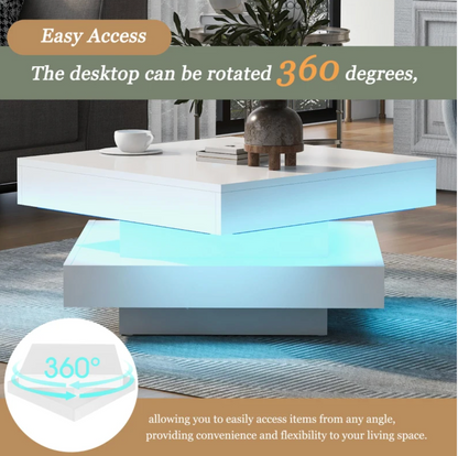 High Gloss White Round Coffee Table | Rotating Top & LED Lighting