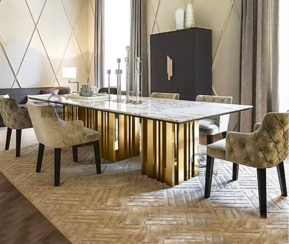 Luxury Marble Dining Table – Italian Style Rectangular Table with Stainless Steel Base
