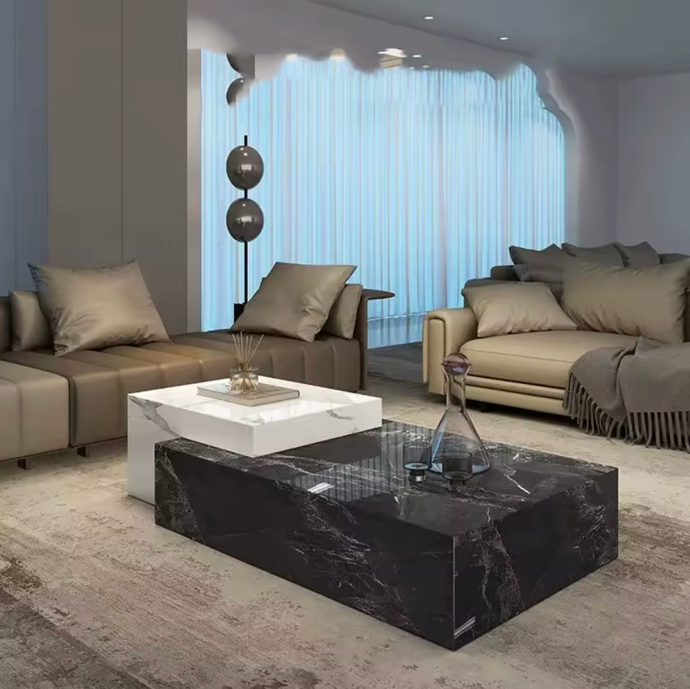 Contemporary Stone-Top Coffee Table | Hidden Storage | Black & White